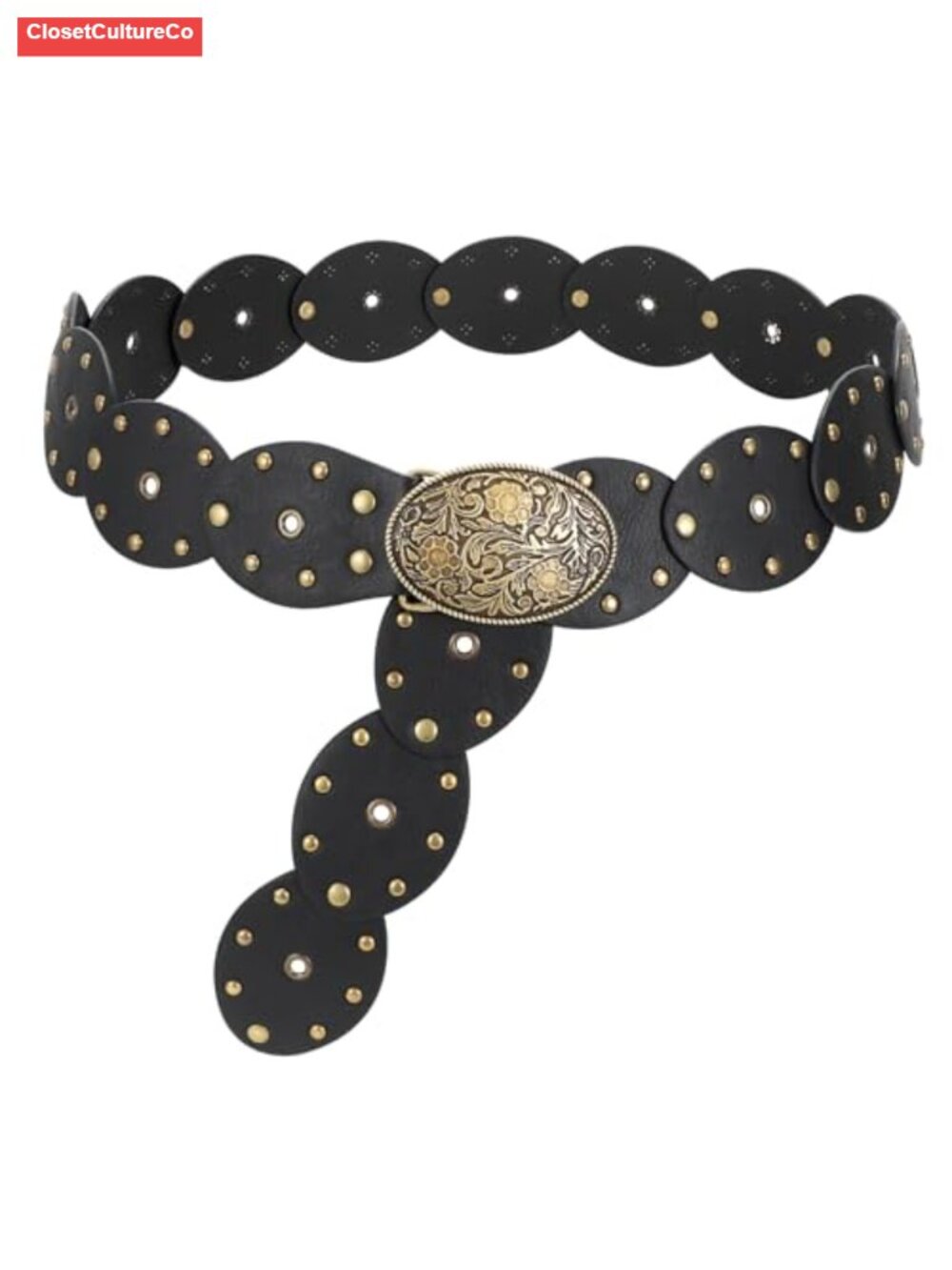 Faux Leather Western Concho Belt Hollow Disc Boho Waist Belt for Women